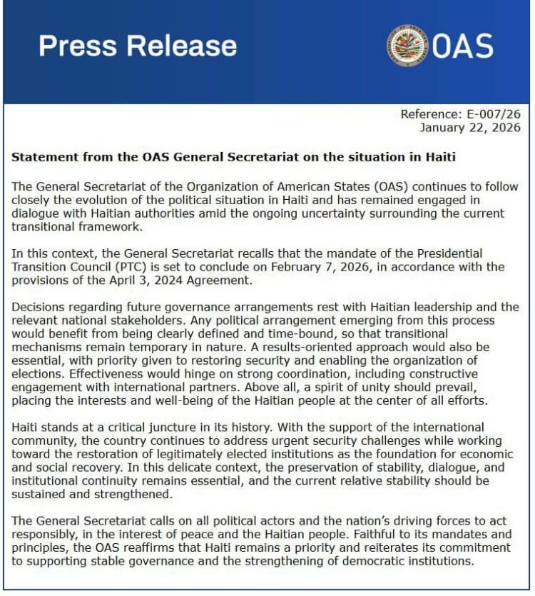 Transition politique en Haïti : l’OEA insiste sur le caractère temporaire du CPT et la nécessité d’un cadre clair
